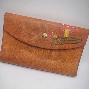 Vintage 70's Boho Leather Wallet Painted Mushroom Mushies Hippie Folkart Western